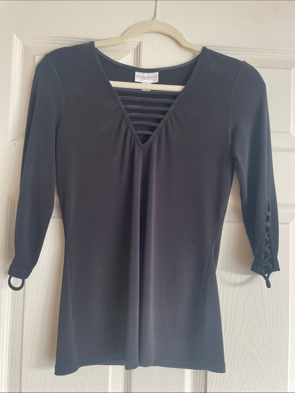 Bisou Bisou Black 3/4 V-Neck top with Strappy Detail
